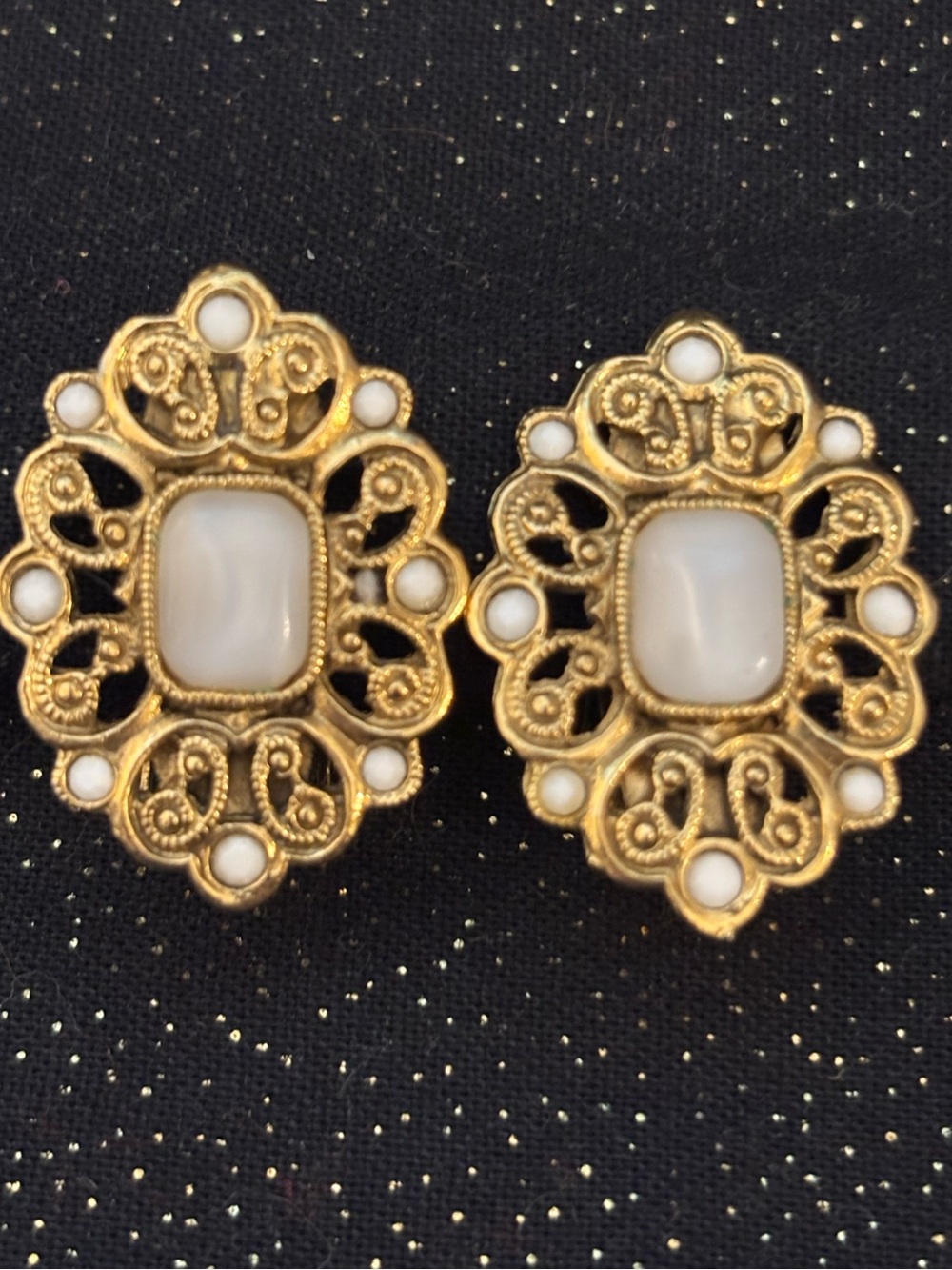 Victorian Inspired Gold and Faux Pearl Clip On Earrings